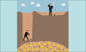 Two men digging, one goes deep, the other goes shallow and wide, illustrating business growth strategies in response to Covid-19 that will lead to more or less success. An article byExecutive Forum Silicon Valley, please contact gperkins@executiveforums.com or call 408-901-0321.