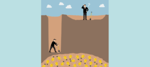 Two men digging, one goes deep, the other goes wide, an illustration of different business strategies that will lead to different growth results, an article by Glenn Perkins, President of Executive Forums Silicon Valley.